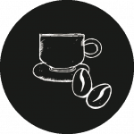 Ein Icon von einer Kaffeetasse in schwarz-weiß.