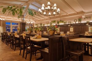 Gaststube von innen mit Kronleuchter an der Decke, vielen Pflanzen und gemütlichem Licht.