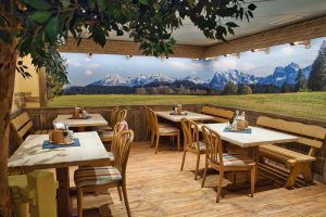Gaststube der Tante Paula in Burgberg von innen mit Bergpanorama und großem Baum im Raum.